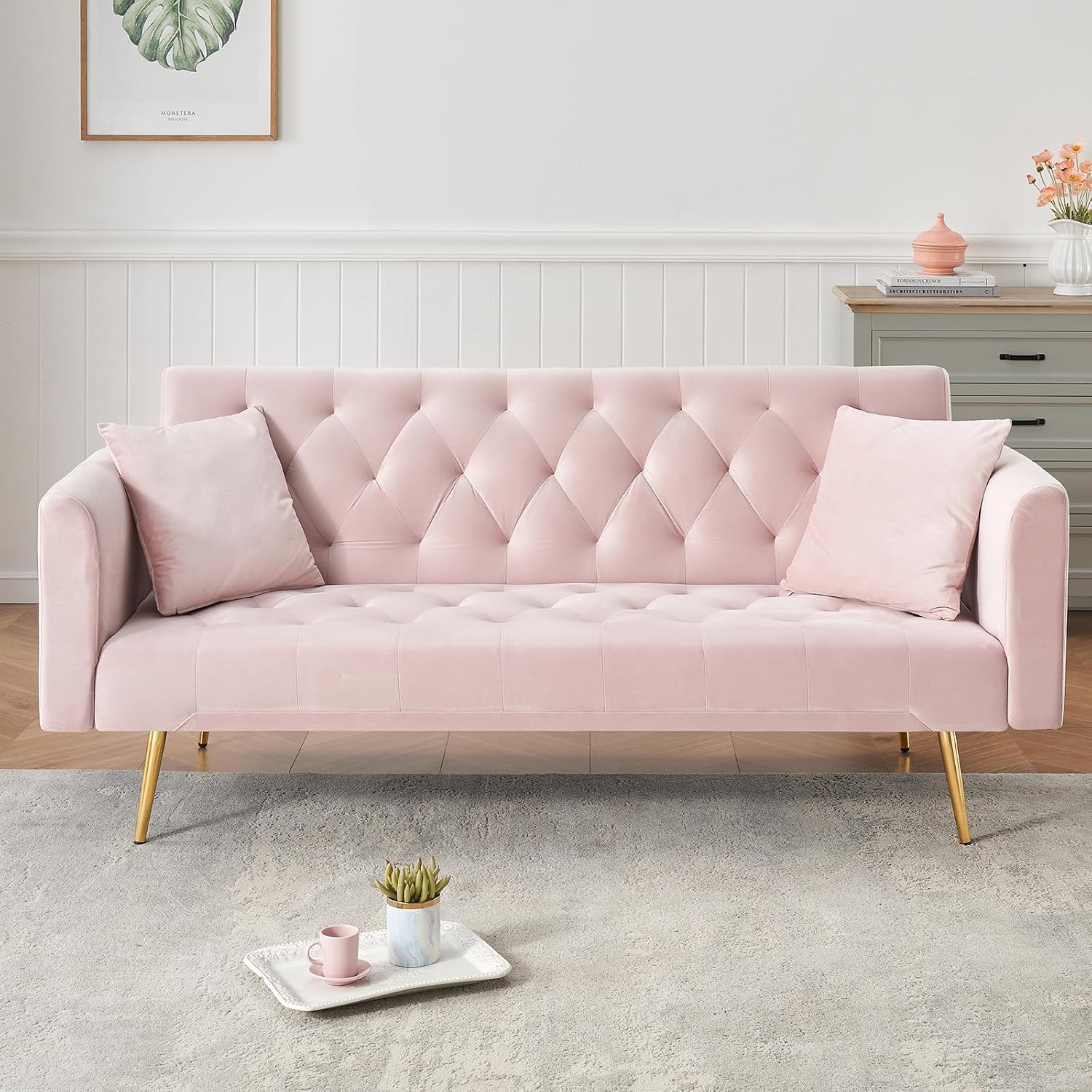 71' Modern Velvet Sofa Bed Futon, Convertible Sleeper Couch with Adjustable Backrest, Tufted Recliner Loveseat with Golden Chrome Legs & 2 Pillows for Small Spaces, Living Room, Apartment (Pink)