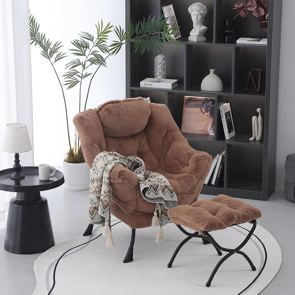 MBOOYOME Lazy Chair with Ottoman, Modern Accent Lounge Armchair with Side Pocket & Foldable Footstool, Leisure Reading Chair for Living Room, Bedroom, Dorm & Office, Plush Brown