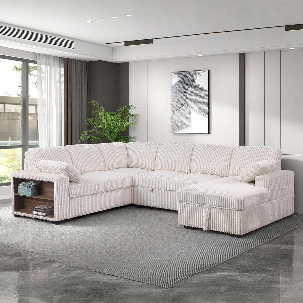 118 inch Oversized U Shaped Sectional Sleeper Sofa with Pull Out Couch Bed , Plush Corduroy Convertible Pullout Sofabed with Storage Chaise & Shelves,6 Seater Corner Couches for Living Room Office