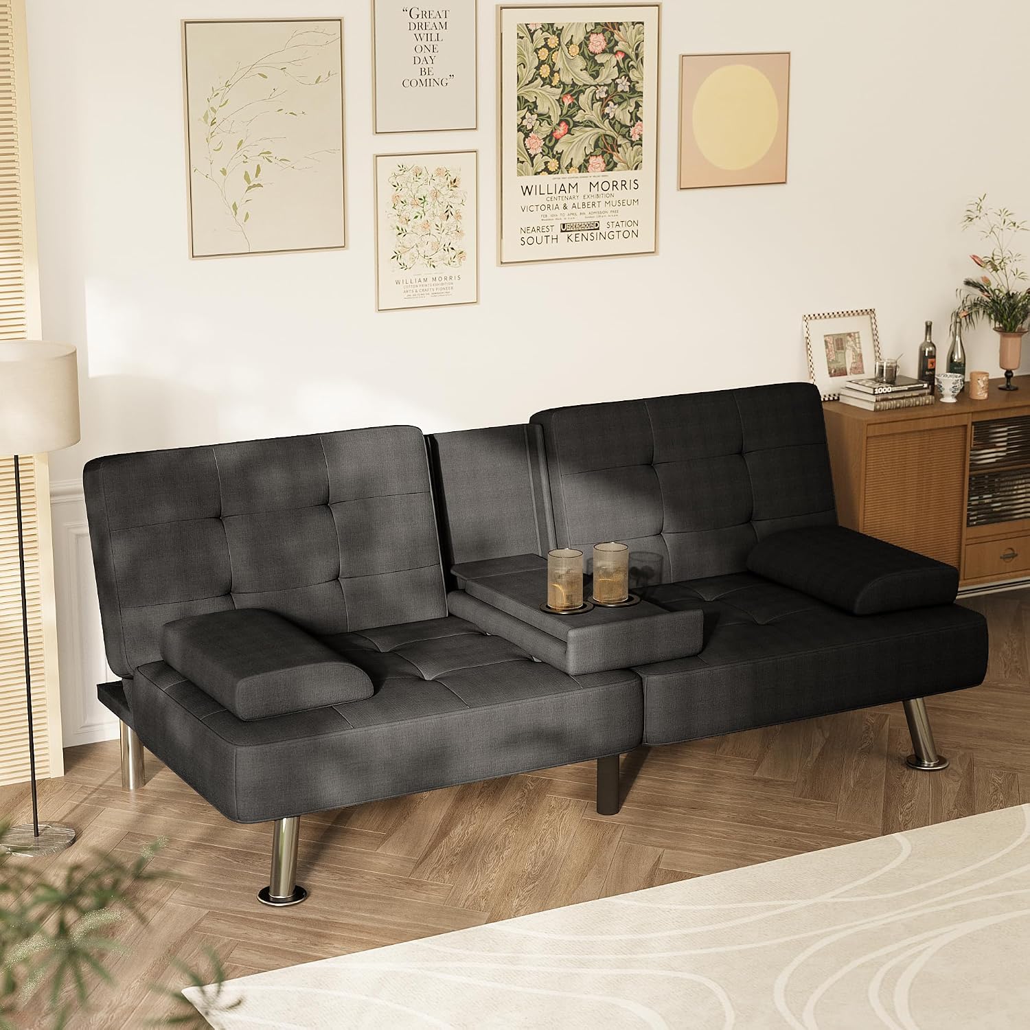 Homall Futon Sofa Bed, Futon Couch with Removable Armrests, Adjustable Recliner Sleeper Sofa Bed with Dual Cup Holders for Living Room, Apartment, Office (Fabric, Black)