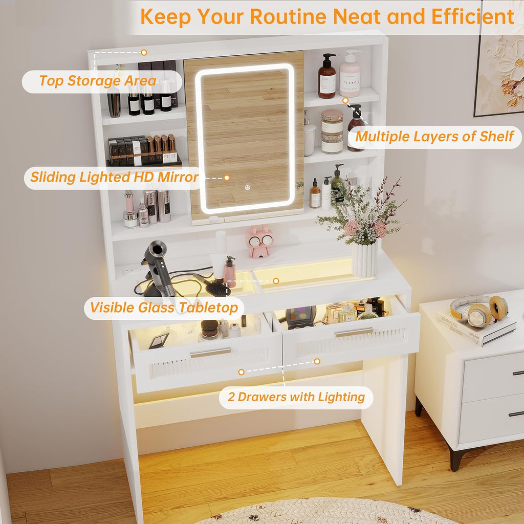 Hadulcet 35.5' Small Vanity Desk with Mirror and Lights, White LED Makeup Vanity Desk with 2 Acrylic Drawers, 6 Storage Shelves and Power Outlets for Girls Women Dressing Room