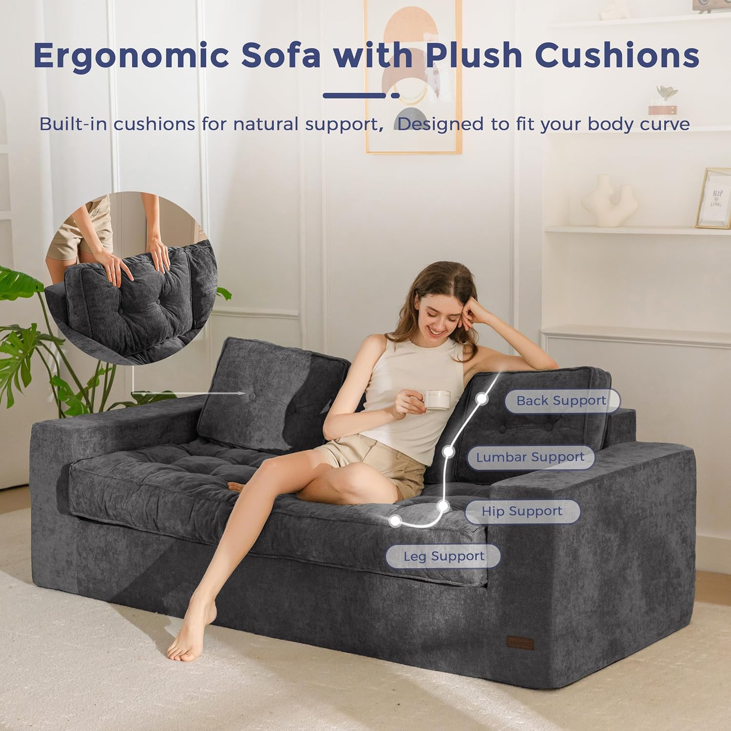 MAXYOYO Boneless Sofa Couch, 75' Oversized Loveseat Sofa, Tufted Floor Couch Bean Bag Chair for Living Room Bedroom Apartment, Sofa in a Box, No Assembly Needed, Dark Grey