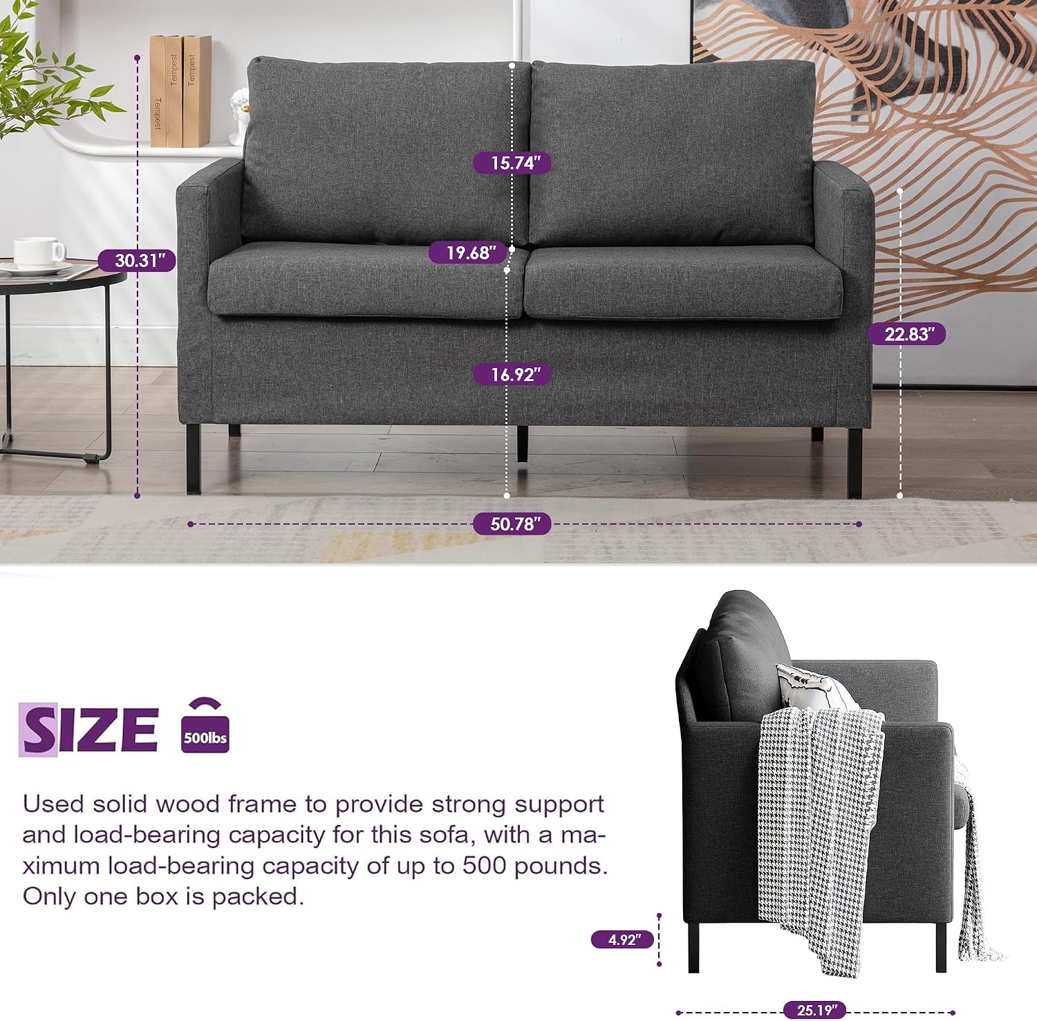 TYBOATLE Linen Fabric Modern Small Loveseat Sofa Couch for Living Room, 51' W Little Upholstered 2-Seater Mini Love Seats w/Iron Legs for Small Space, Apartment, Bedroom, Dorm, Office (Dark Grey)