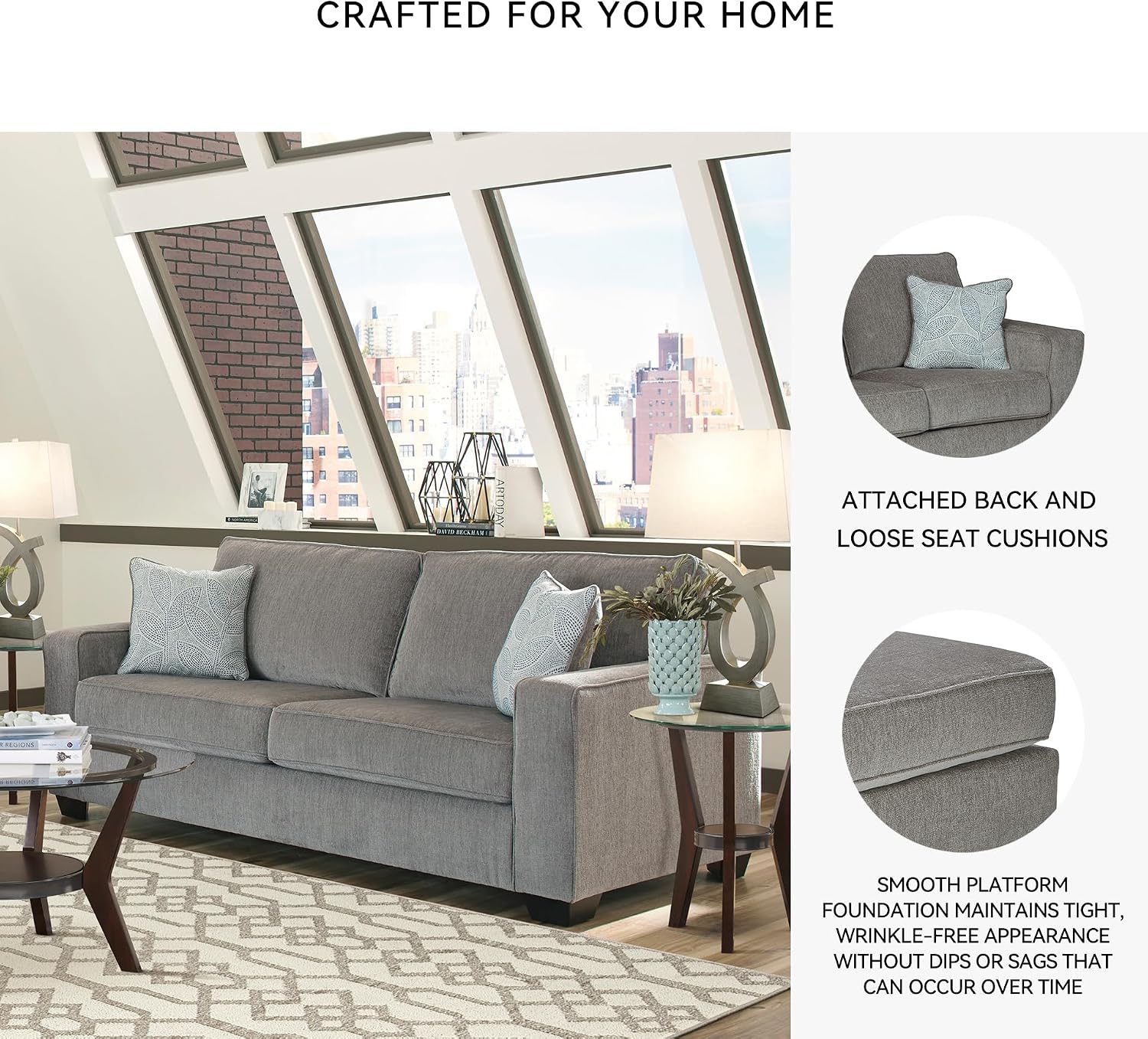 Signature Design by Ashley Altari Modern Sofa with 2 Accent Pillows, Light Gray
