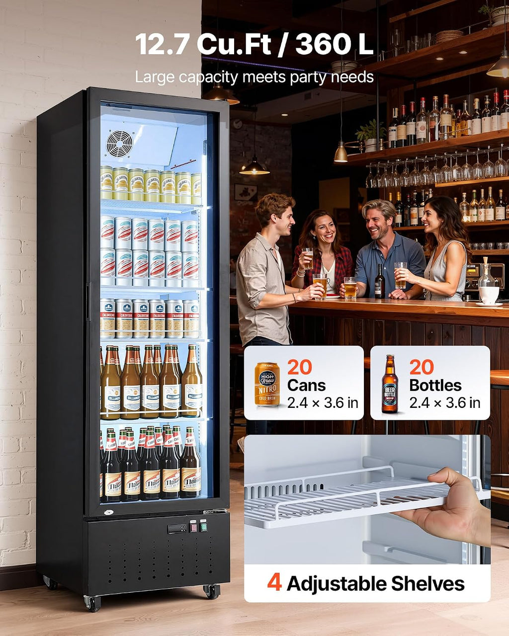 VEVOR Commercial Merchandiser Refrigerator, 12.7 Cu.Ft / 360 L Glass Door Display Refrigerator, Upright Beverage Cooler Fridge with 4 Adjustable Shelves, Soft LED Light & Casters for Homes Shops Bars