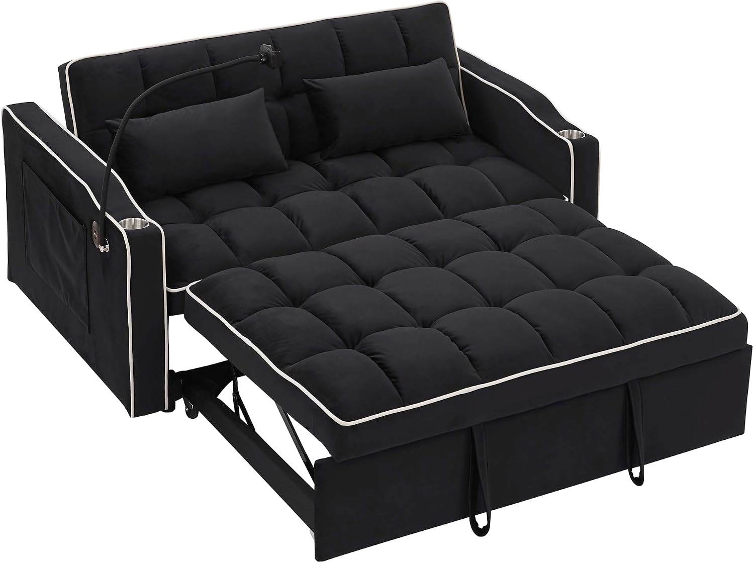 LUMISOL 55.5' Convertible Sleeper Sofa with Pull Out Bed, 3-in-1 Loveseat Sofa with USB Ports, 2 Cup Holders & Storage Pockets, Velvet Sleeper Sofa Bed with Adjustable Backrest, Black