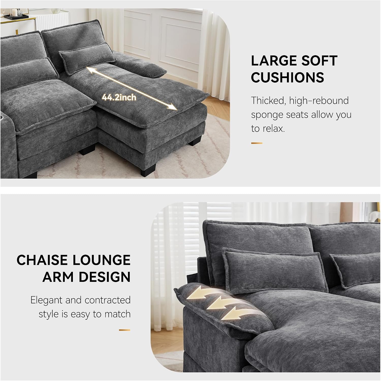 125'' U Shaped Cloud Modular Sofa, Chenille Upholstered Comfy Sectional Couch with Storage Console, USB Charging Ports & Cup Holders, Modern Deep Seat Sofa for Living Room, Grey