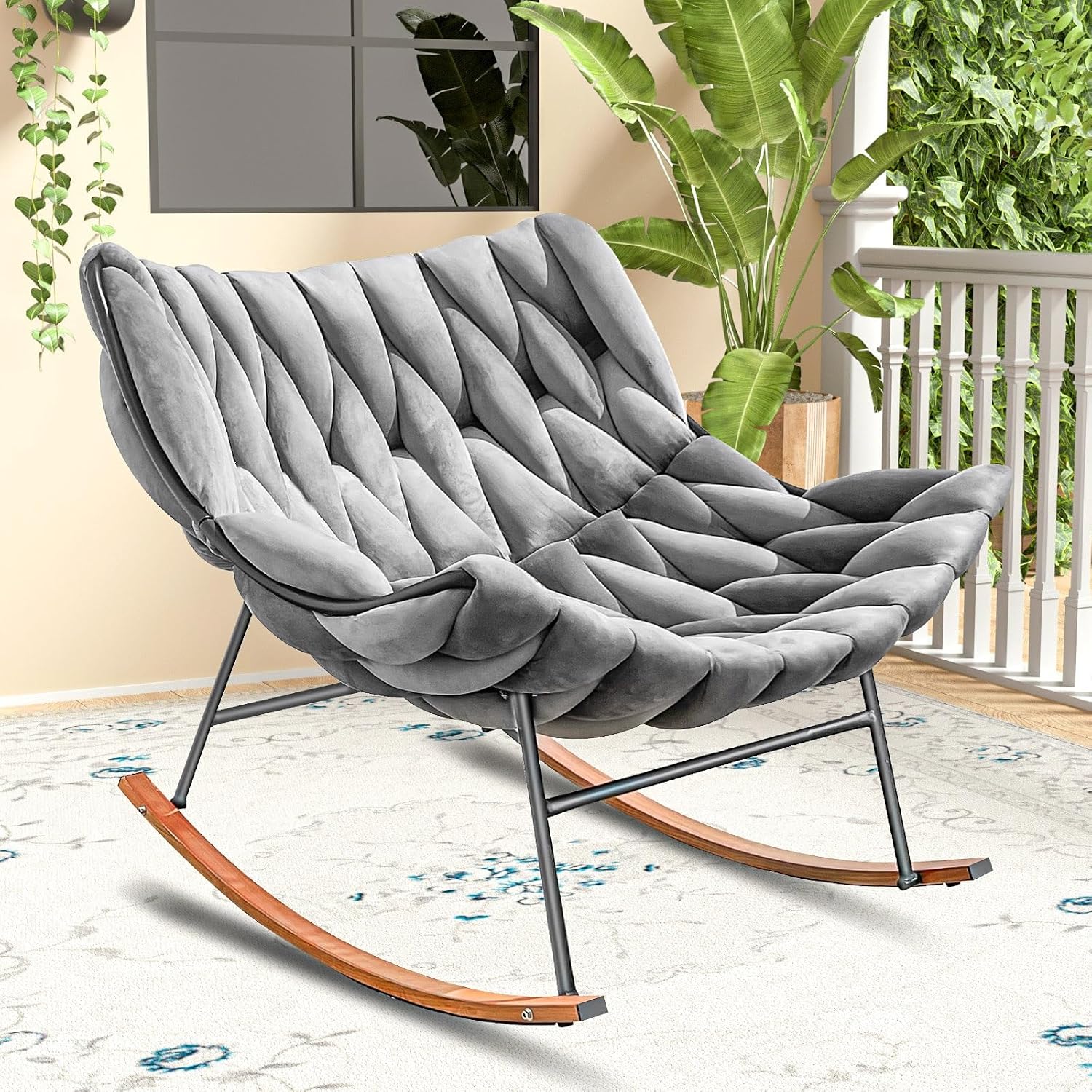 Outdoor Royal Rocking Chair, Velvet Papasan Rocking Chair – 30° Rocker, Outdoor Patio Egg Reclining Lounge Rocking Chair for Balcony Porch Patio, Braided Design