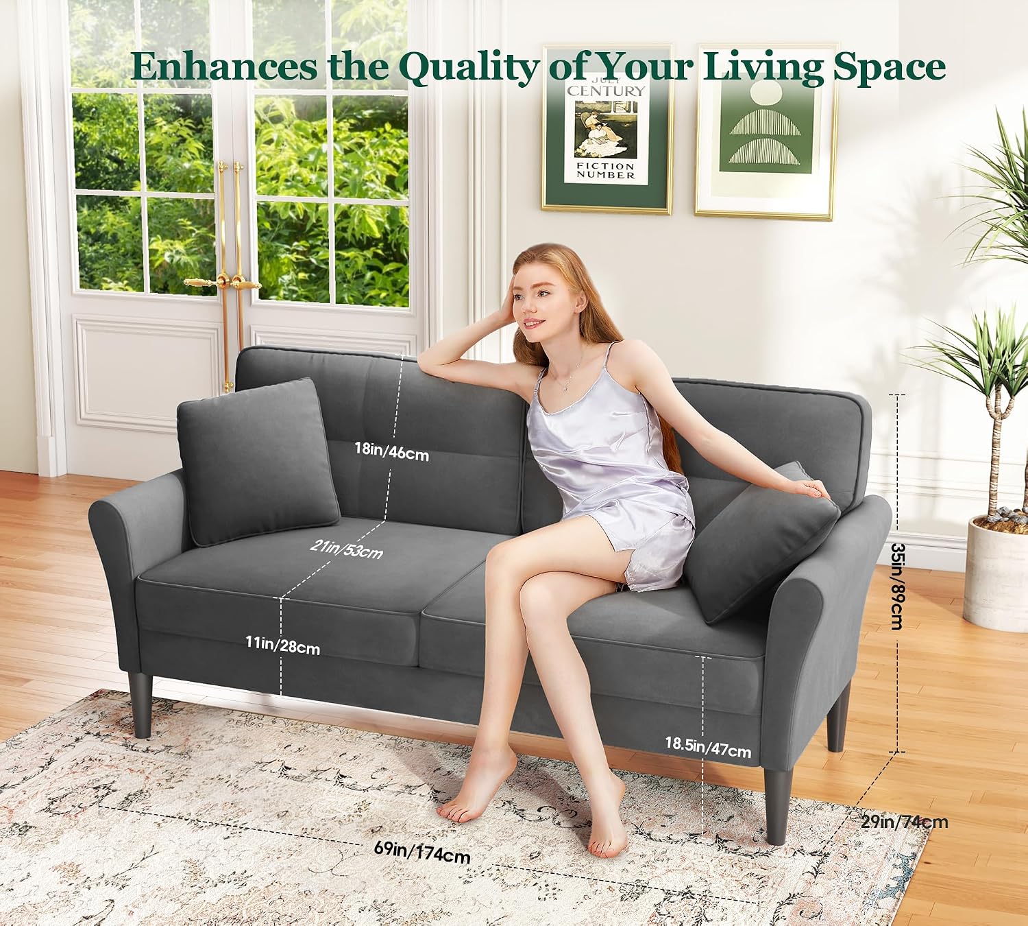 Loveseat Sofa, 69' Love Seat Couches, Comfy Velvet Small Couches for Small Spaces with 2 Pillows, Tool-Free Setup Sofas & Couches, 700lb Load Sofas for Living Room, Mini Couch for Bedroom, Charcoal