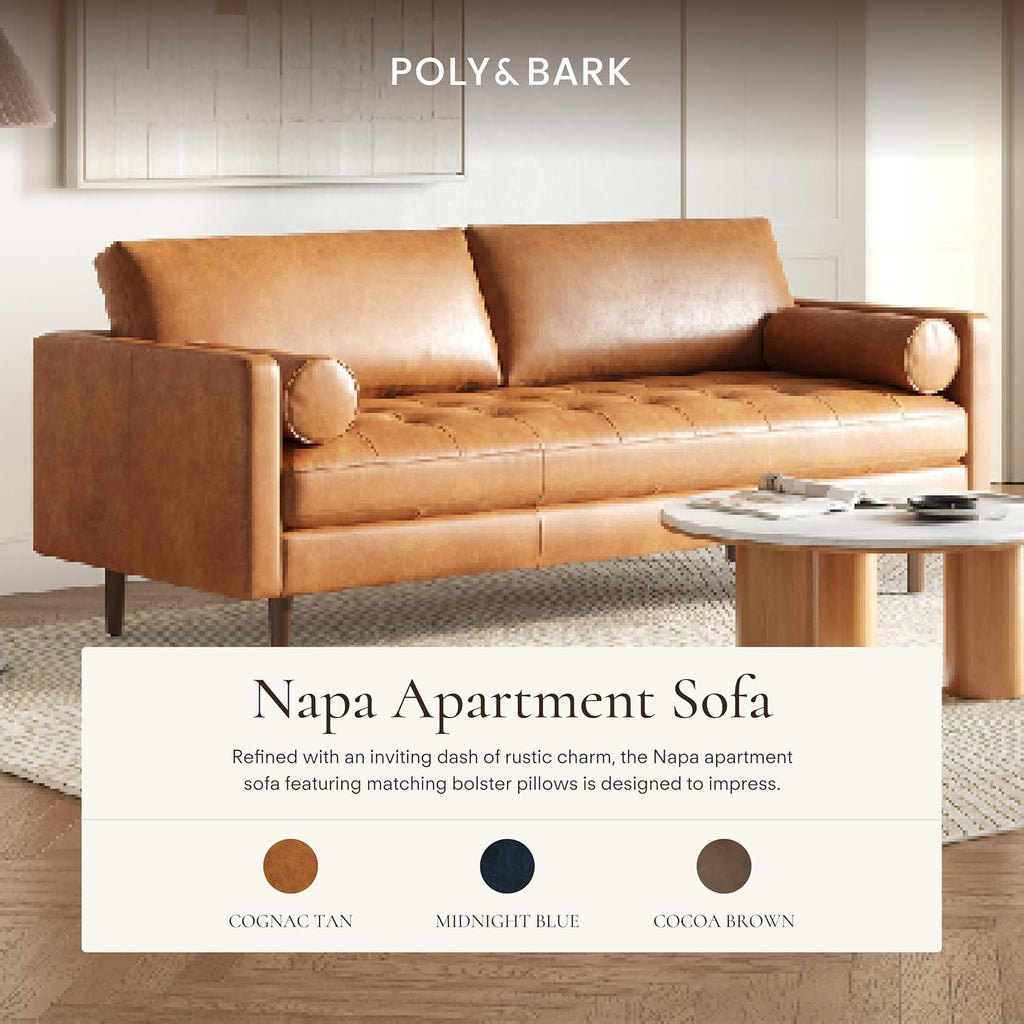 POLY & BARK Napa 72' Leather Sofa – Full-Grain Italian-Tanned Aniline Leather, Feather-Down Comfort, Solid Wood Frame, Walnut Legs, Cognac Tan