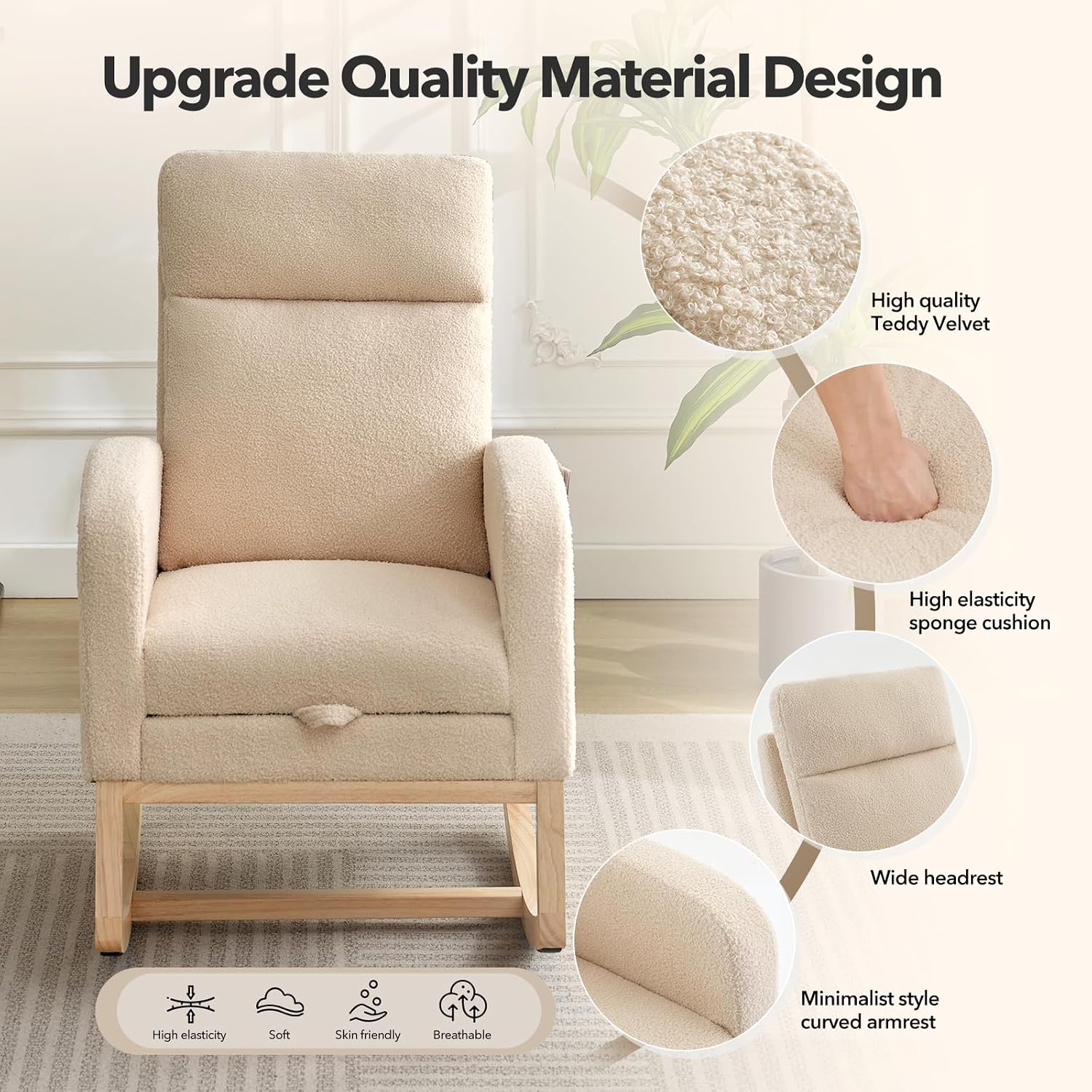 Nursery Rocking Chair with Foot Rest,Modern PU Upholstered Reading Glider Chair,High Backrest & Side Pocket for Living Room, Bedroom, Baby Room