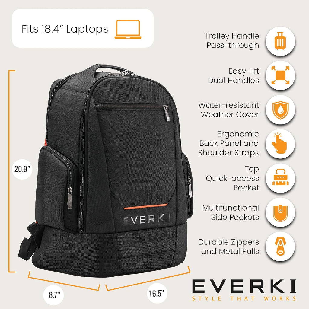 EVERKI ContemPRO 117 42L Laptop Backpack – Business Travel Backpack Carry On Flight Approved for Gaming Laptop & Travel Essentials with Water-Resistant Rain Cover, Fits Laptops up to 18.4' – Black