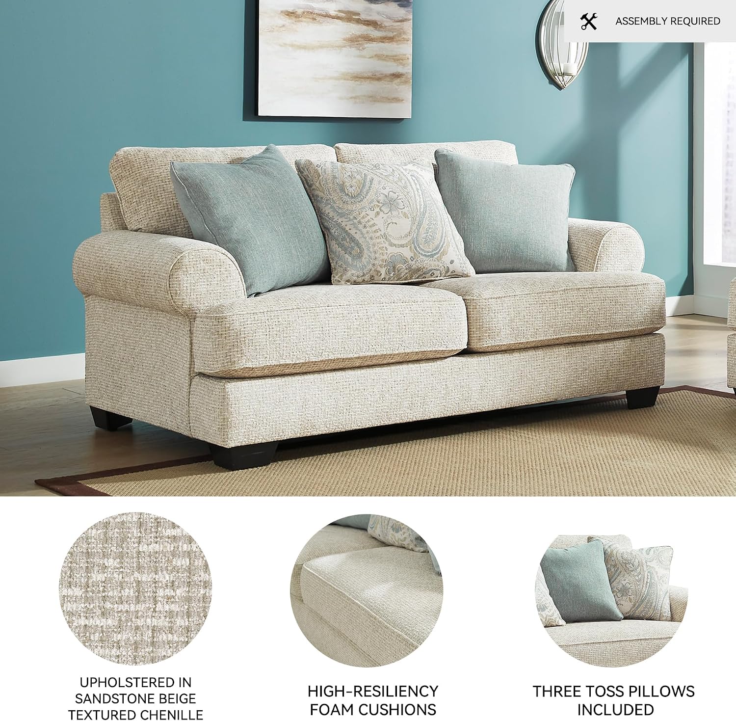 Signature Design by Ashley Monaghan Vintage Loveseat with Accent Pillows, Reversible Cushions and Rolled Arms, Beige