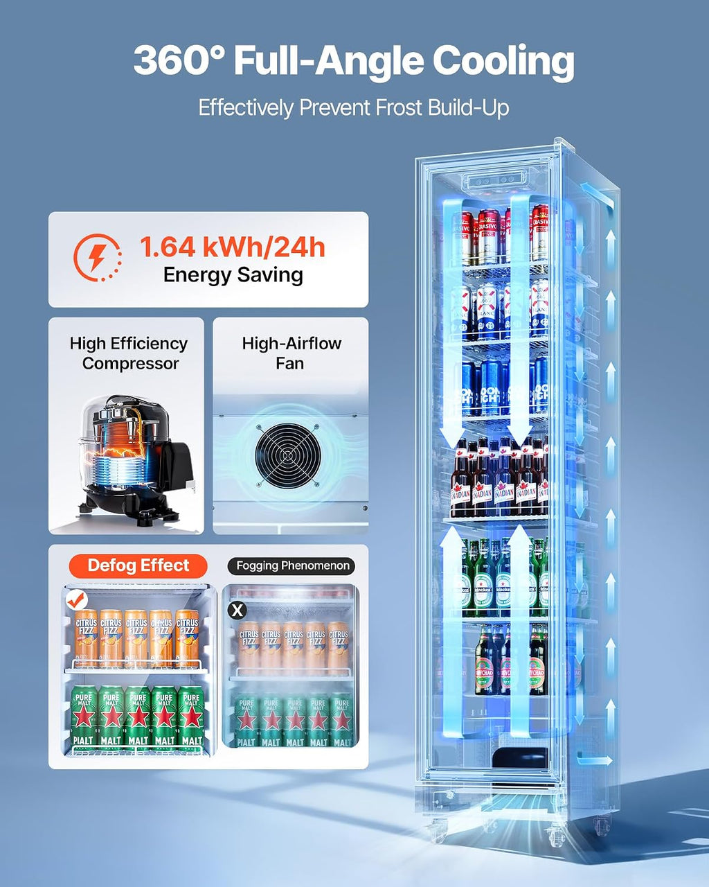 VEVOR Commercial Merchandiser Refrigerator, 8.3 Cu.Ft / 235 L Glass Door Display Refrigerator, Upright Beverage Cooler Fridge with 5 Adjustable Shelves, Soft LED Light & Casters for Homes Shops Bars