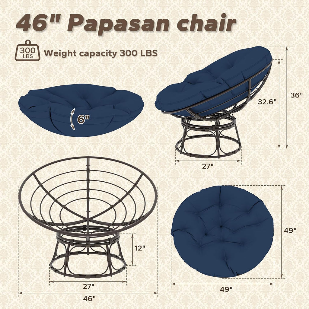 46'' Large Size Papasan Chair with (Non-Swivel) Cushion and Frame, Living Room Chair for Reading, Navy Blue