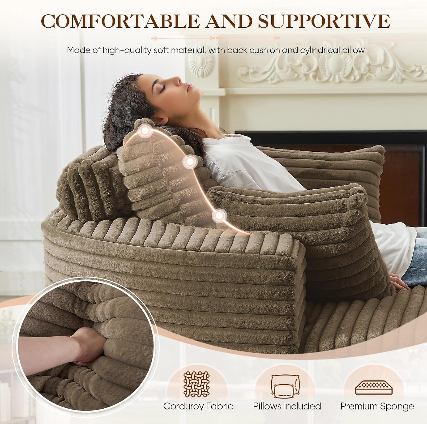 Oversized Round Chaise Longue Chair Indoor, Modern 55-inch Upholstered Corduroy Deep Seat Circle Single Cloud Lounge Floor Sofa Chair for Living Room, Bedroom Apartment, Brown