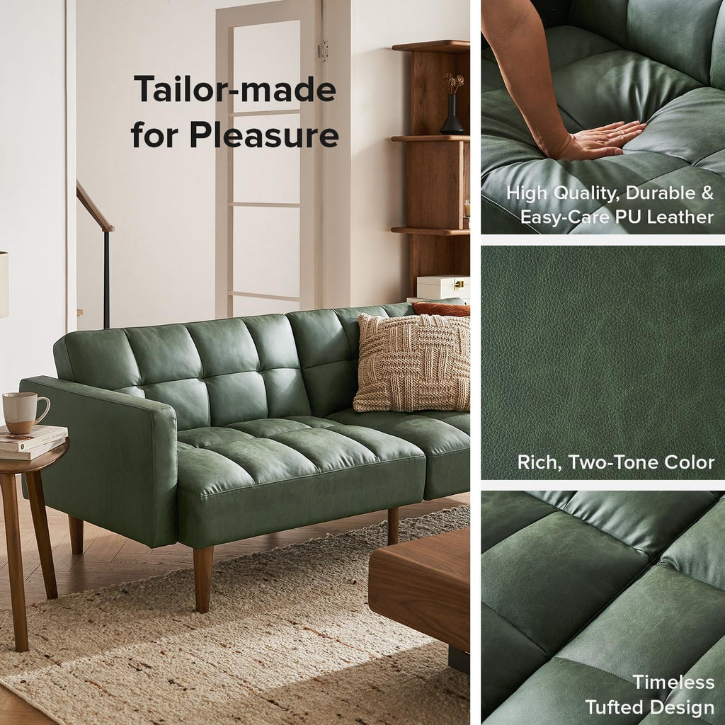 mopio 76.4' Futon Sofa Bed, Couch, Loveseat, Sleeper Sofa, Mid Century Modern Futon Couch, Sofa Cama, Couches for Living Room (Aaron PU, Sage Green)