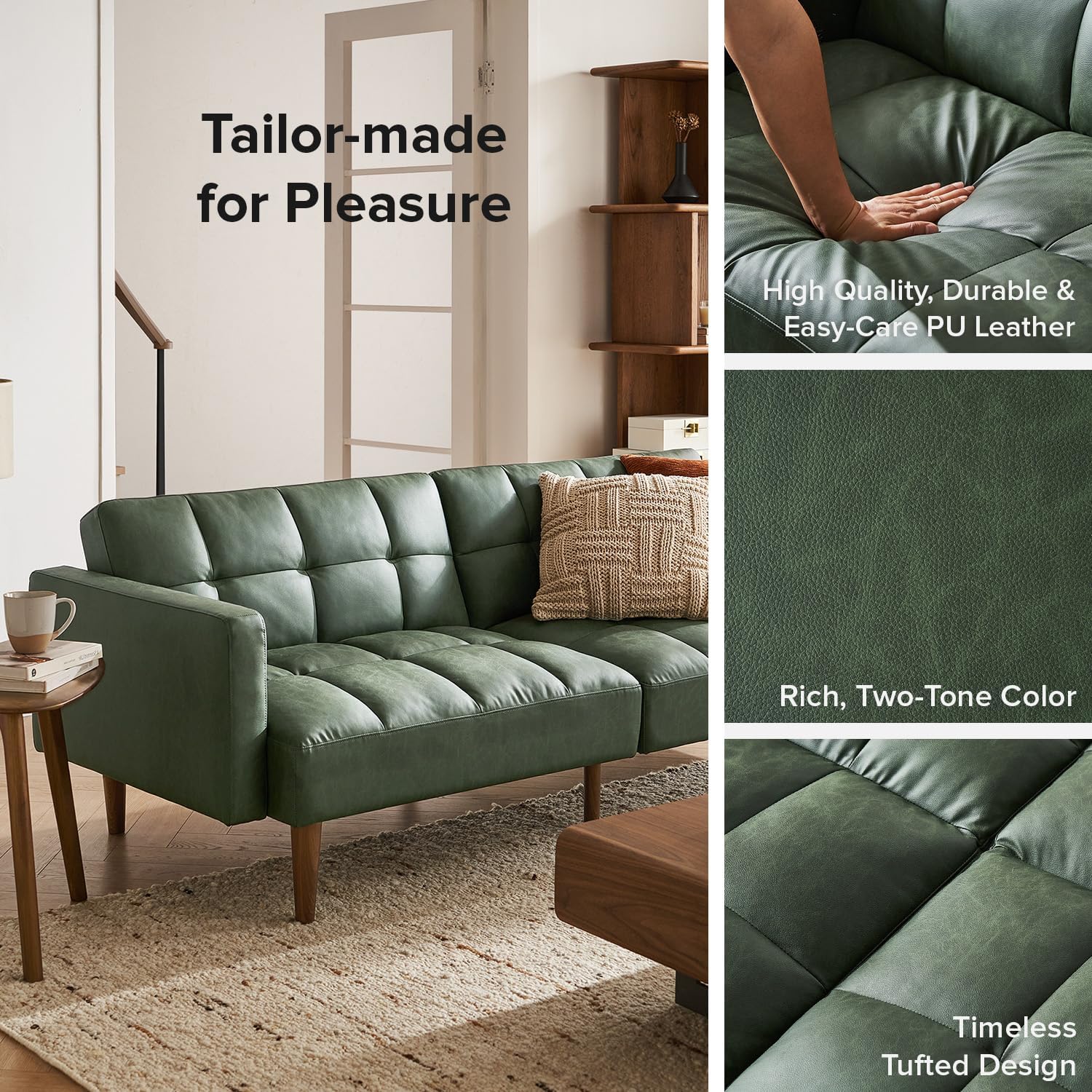 mopio 76.4' Futon Sofa Bed, Couch, Loveseat, Sleeper Sofa, Mid Century Modern Futon Couch, Sofa Cama, Couches for Living Room (Aaron PU, Sage Green)