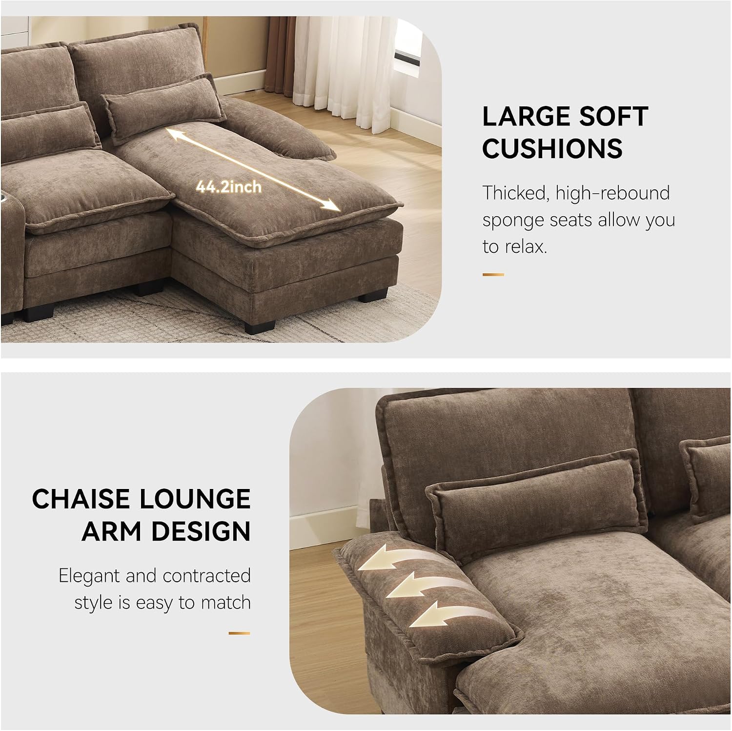 125'' U Shaped Cloud Modular Sofa with Chaise Lounges, Chenille Upholstered Comfy Sectional Couch with Storage Console, USB Charging Ports & Cup Holders, Small Deep Seat Sofa for Living Room, Brown