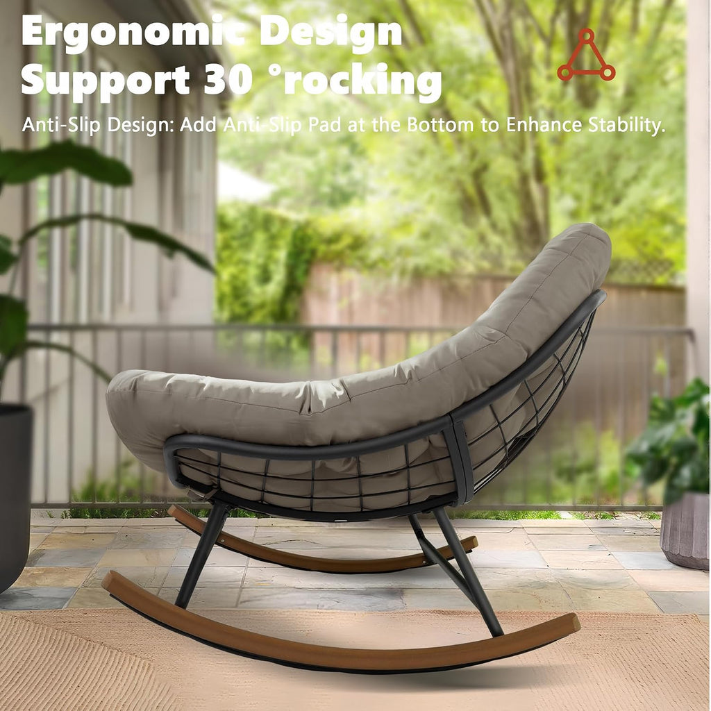Double Outdoor Papasan Rocking Chair, Oversized Papasan Loveseat with 6' Weatherproof Cushion & PE Rattan Frame, All-Weather Patio Furniture for 2 Adults,Khaki