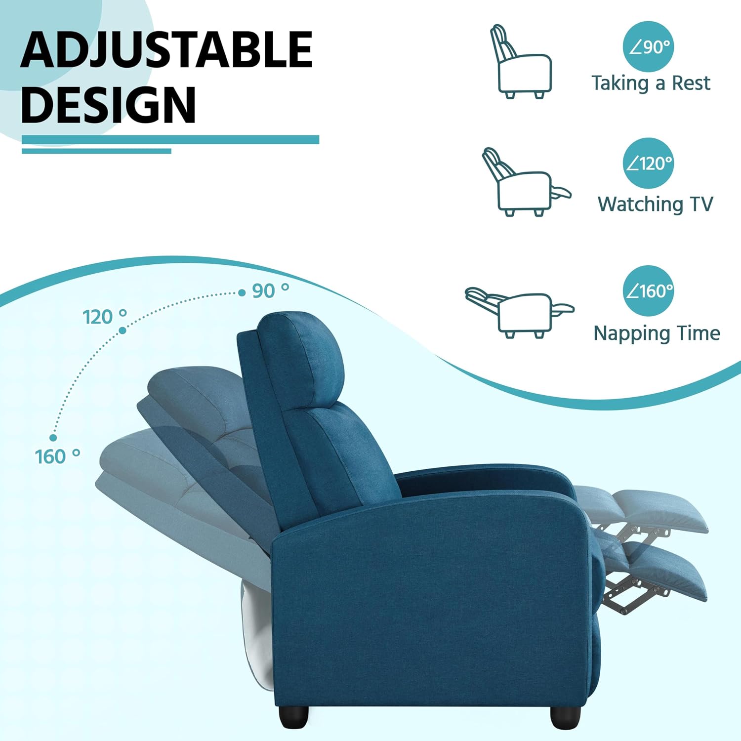 Yaheetech Recliner Chair Fabric Recliner Sofa with Lumbar Support High-Density Foam & Pocket Springs, Home Theater Seating Push Back Armchair for Living Room Blue
