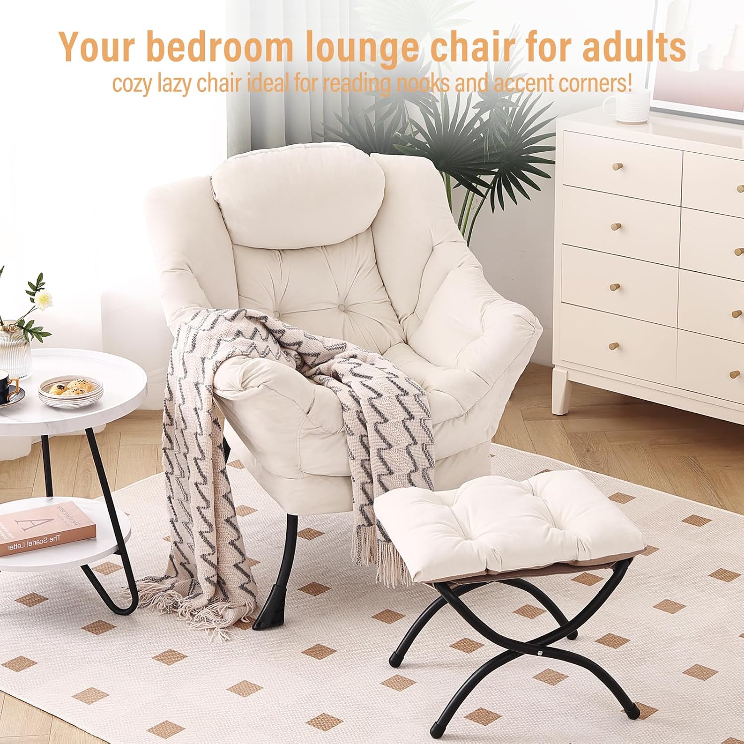 Furlide Lazy Chair with Ottoman, Modern Chair with Folding Footrest, Lounge Accent Chair, Comfortable Reading Chair, Oversized Armchairs for Bedroom, Study, Living Room, Courtyard (Beige)