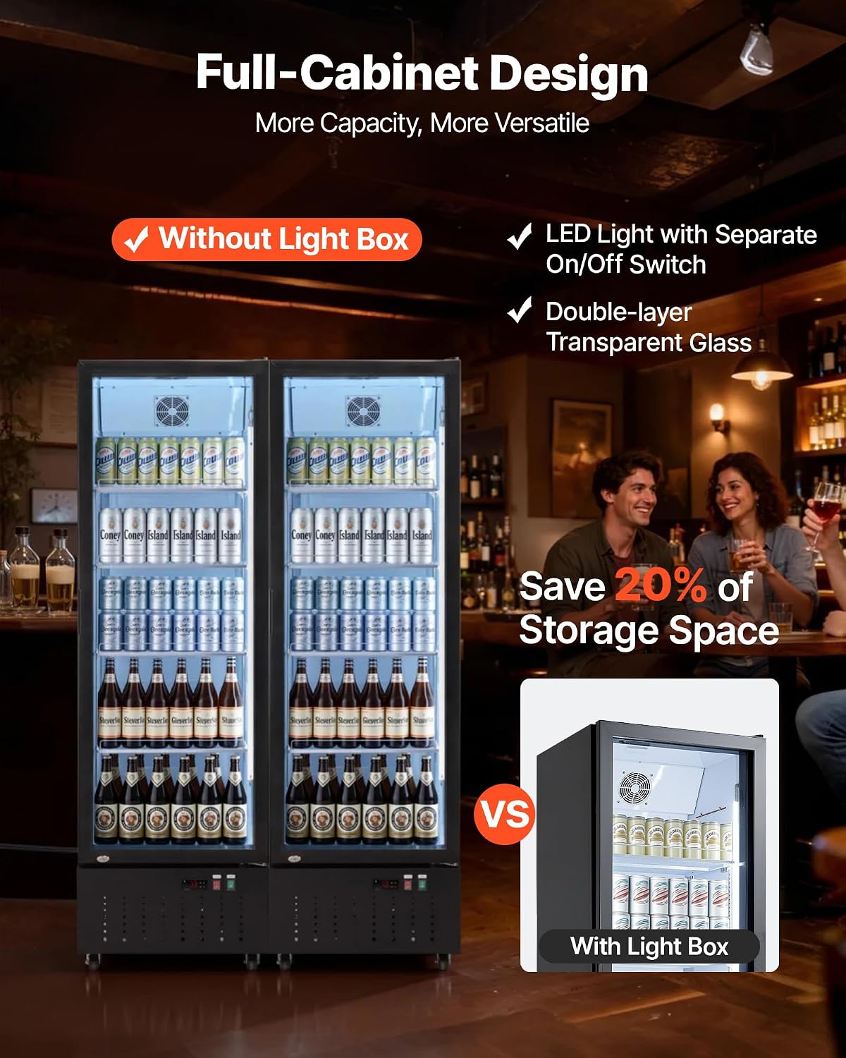 VEVOR Commercial Merchandiser Refrigerator, 12.7 Cu.Ft / 360 L Glass Door Display Refrigerator, Upright Beverage Cooler Fridge with 4 Adjustable Shelves, Soft LED Light & Casters for Homes Shops Bars