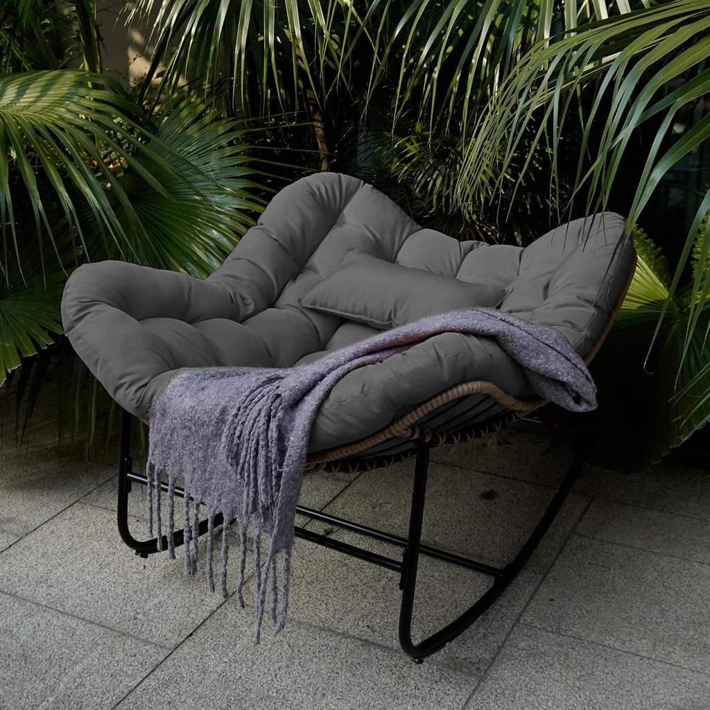 Outdoor Papasan Rocking Chair,Papasan Chairs with Cushion and Frame,Oversized Papasan Rocking Egg Chairs,Rattan Rocking Papasan Chair for Living Room,Outdoor.Gray