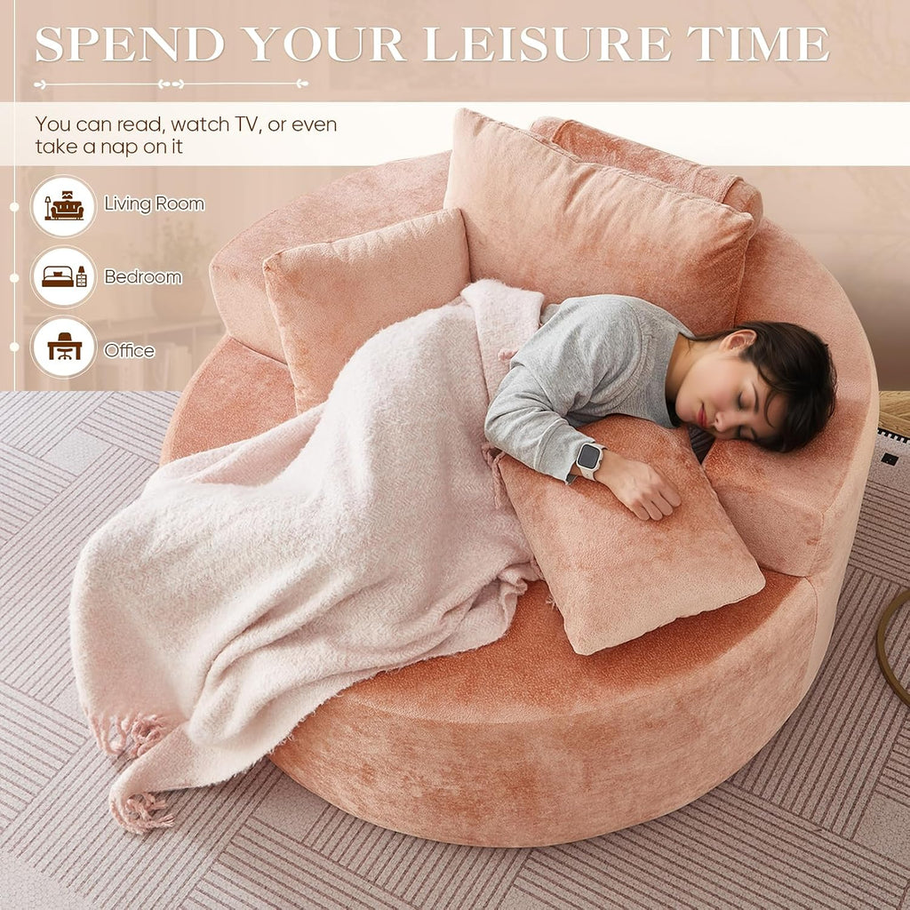 Antetek Oversized Round Chaise Longue Chair Indoor, Modern 55-inch Upholstered Terry Fabric Deep Seat Circle Single Cloud Lounge Floor Accent Chair for Living Room, Bedroom Apartment, Pink