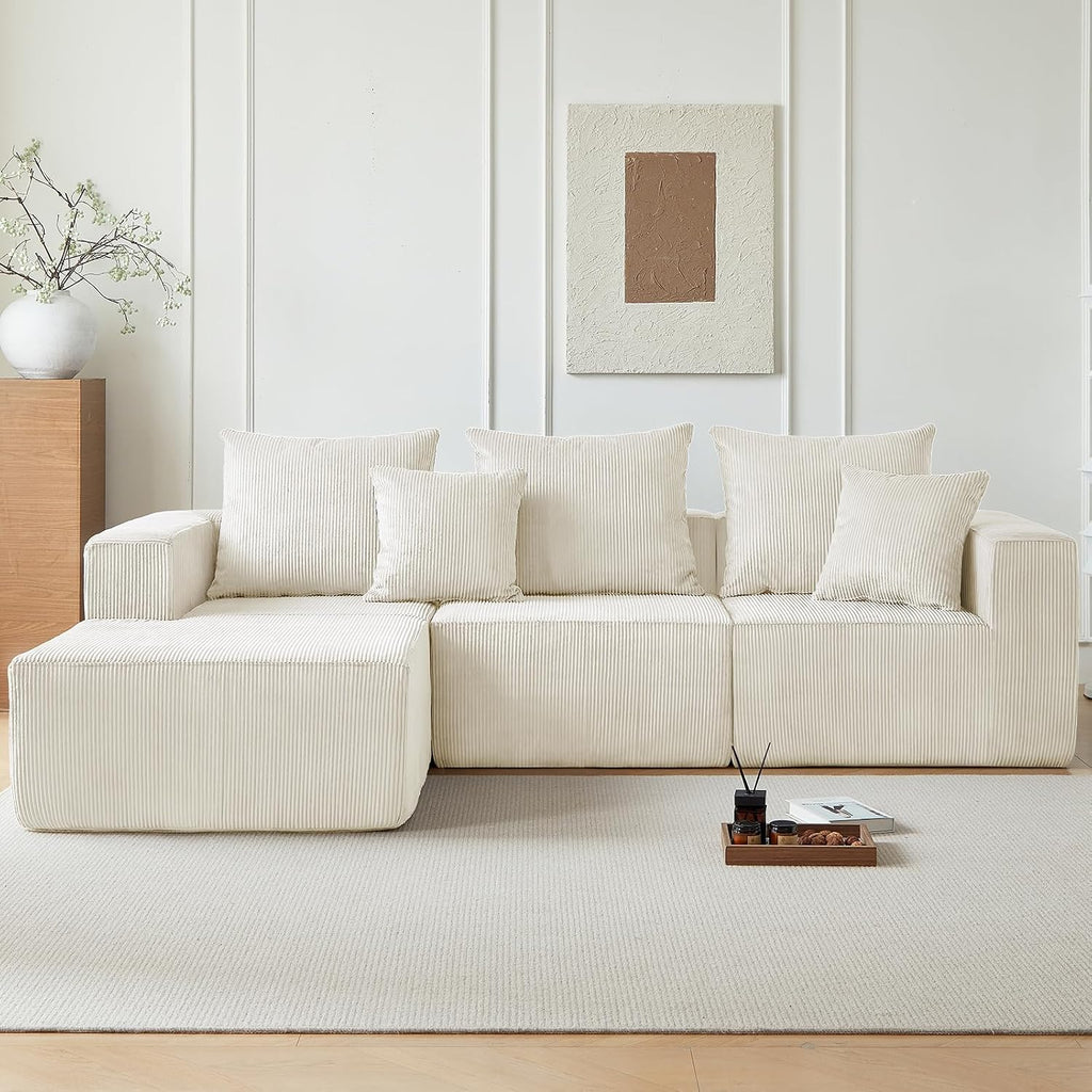 101' Cloud Couch for Bedroom,Boneless Couch with Oversized Chaise,4-Seat Chenille Deep Seat Sofa with 5-Pillows for Living Room,Corduroy Sofa in A Box,Beige