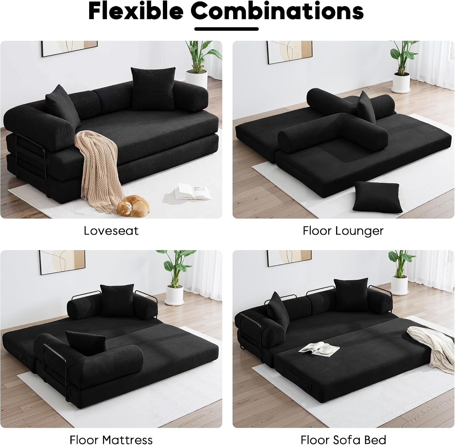 ZEIINPA Convertible Sleeper Sofa Bed with Cylindrical Pillow, Corduroy Folding Mattress Couch with Fixed-Shape Frame, Floor Sofa Lounge Couch for Living Room Bedroom Lounge Studio-Black