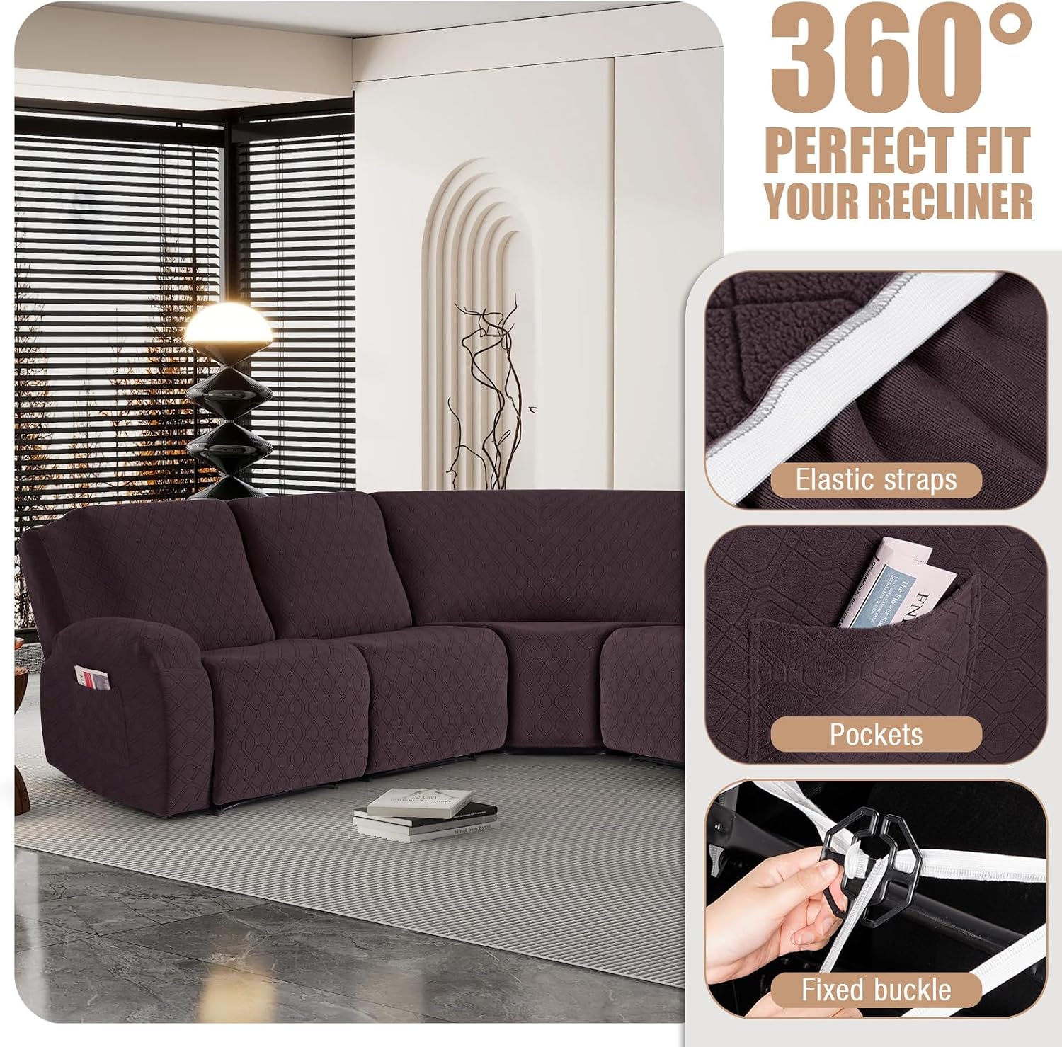 VANSOFY Extra Large Reclining Sectional Couch Covers, Washable 5-Piece Sofa Covers for L Shape Sectional Sofa Corner Seater, Thick, Soft Sofa Slipcovers (5 Seat Recliner Cover, Chocolate)
