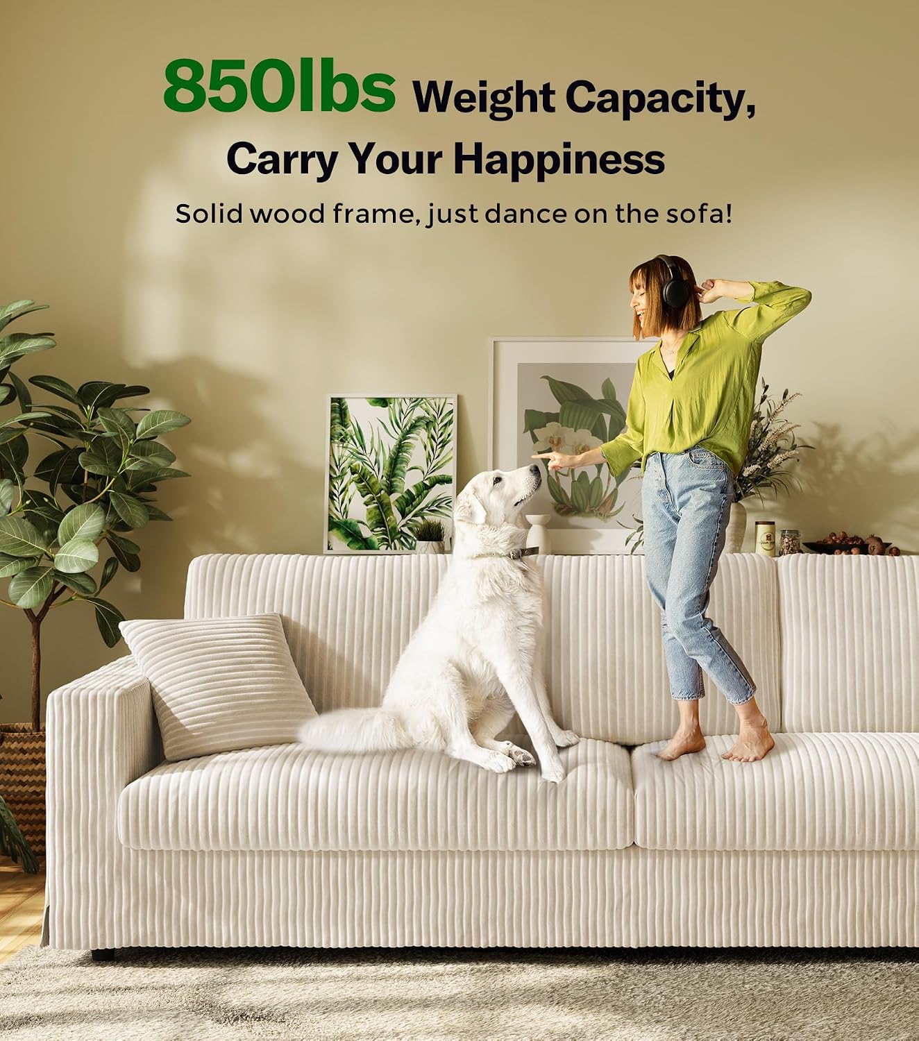 Welzona Corduroy Sofa Couch, 101' Comfy Couches for Living Room, Beige | 24' Extra Deep Seat, Tool-Free Sofas, All-Wood Loveseat, 2 Pillows Included, 850lbs Load-bearing