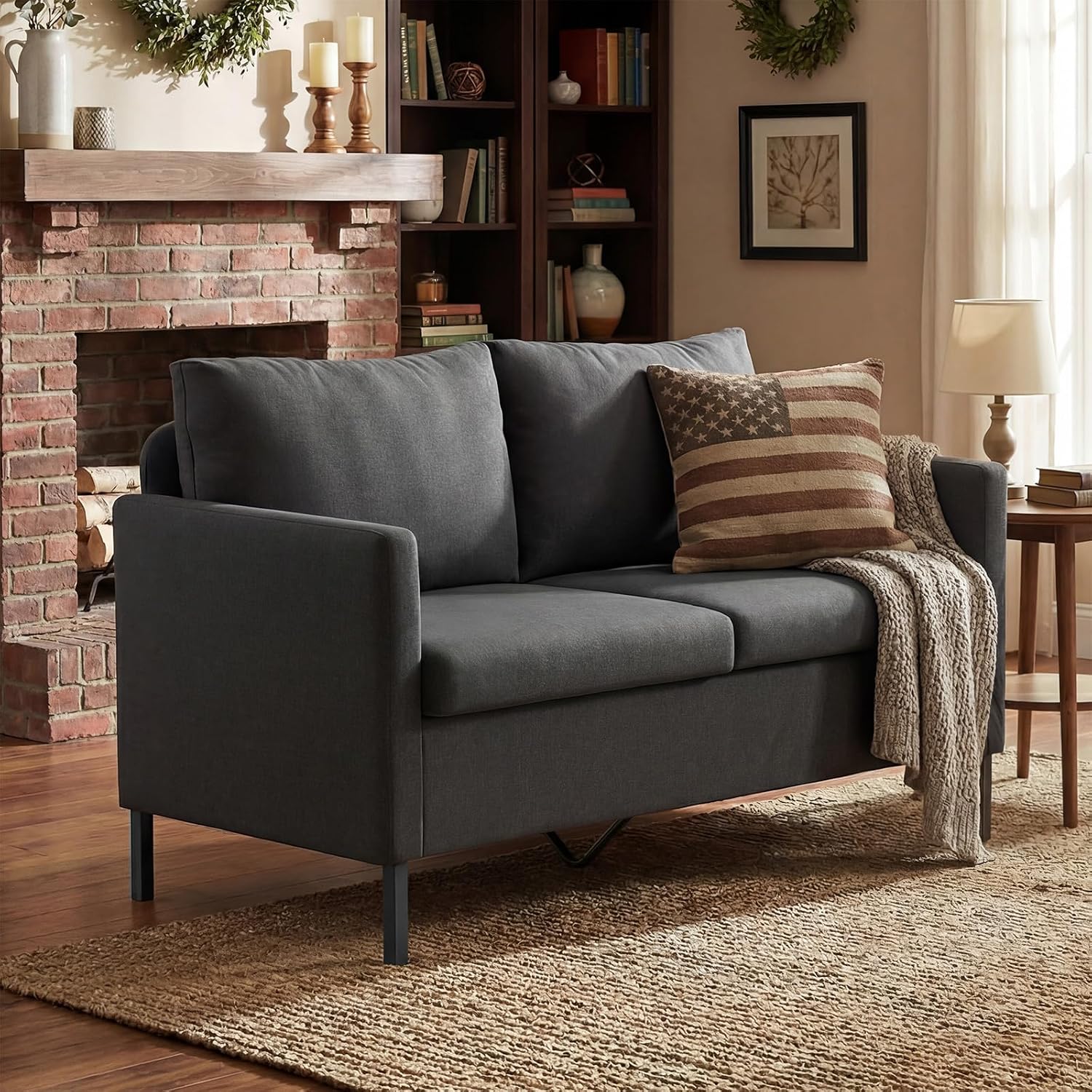 TYBOATLE Linen Fabric Modern Small Loveseat Sofa Couch for Living Room, 51' W Little Upholstered 2-Seater Mini Love Seats w/Iron Legs for Small Space, Apartment, Bedroom, Dorm, Office (Dark Grey)