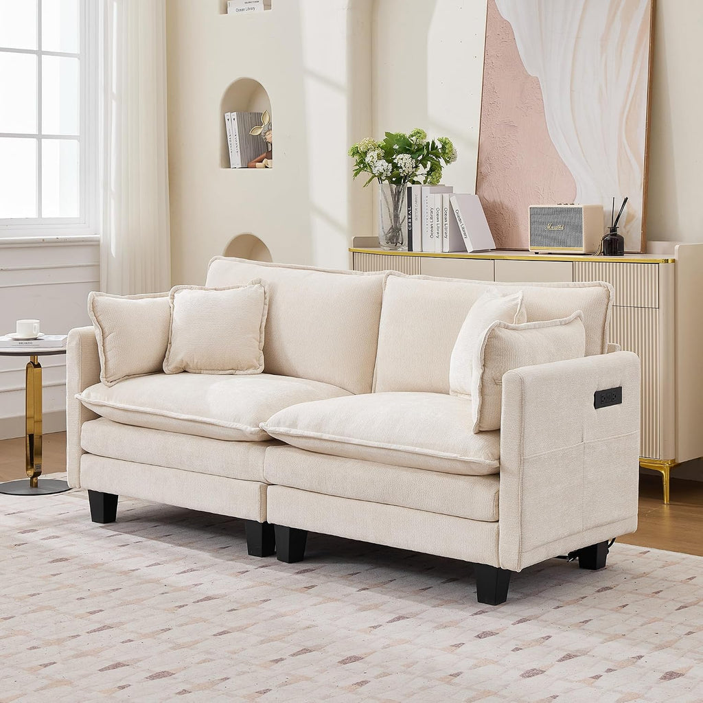Modular Sectional Sofa, 75' Loveseat Modern Couches for Living Room, Comfy Cloud Couch with Deep Seat for Office and Apartment, with Charger, USB & Type-c Port, Beige Chenille Fabric