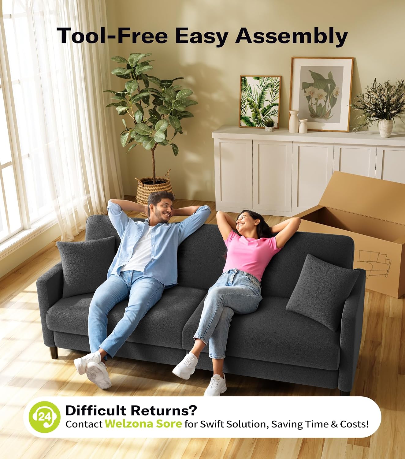 Welzona Teddy Sofa Couch, 83' Comfy Couches for Living Room, Classic Grey | 22' Extra Deep Seat, Tool-Free Sofas, All-Wood Loveseat, 2 Pillows Included, 850lbs Load-bearing