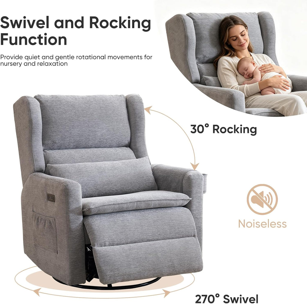 Power Recliner Chair Swivel Glider, Oversized Swivel Rocker Recliner with Adjustable Headrest, Chenille Glider Recliner Nursery Chair with Overstuffed Lumbar Support, USB Ports,Grey
