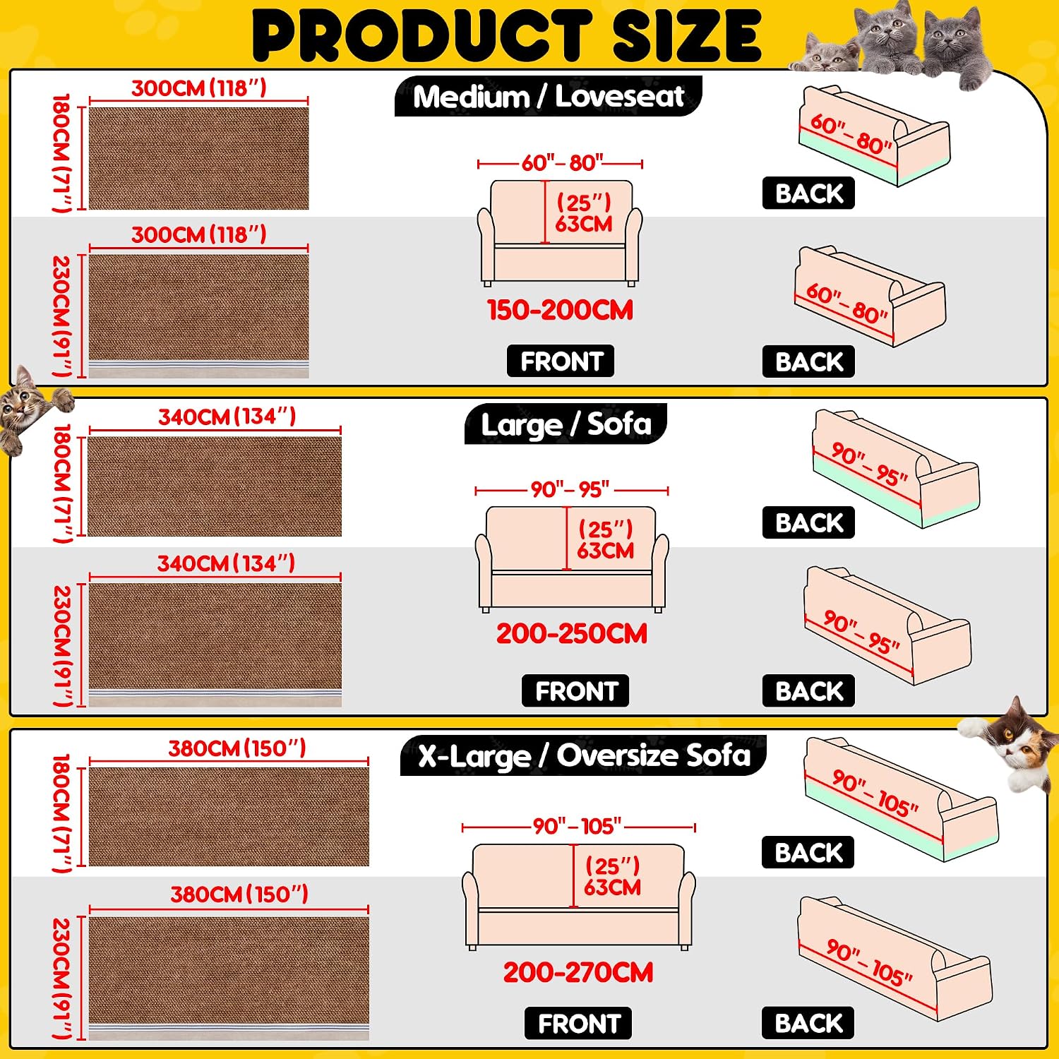 Loiion Cat Scratch Furniture Protector - Anti-Slip, Waterproof Sofa Cover to Keep Cats Off, Pet-Friendly Couch Protectors for 3 Cushion Couch, Anti-Scratch Couch Cover for Pets and Kids 134'X91'Brown