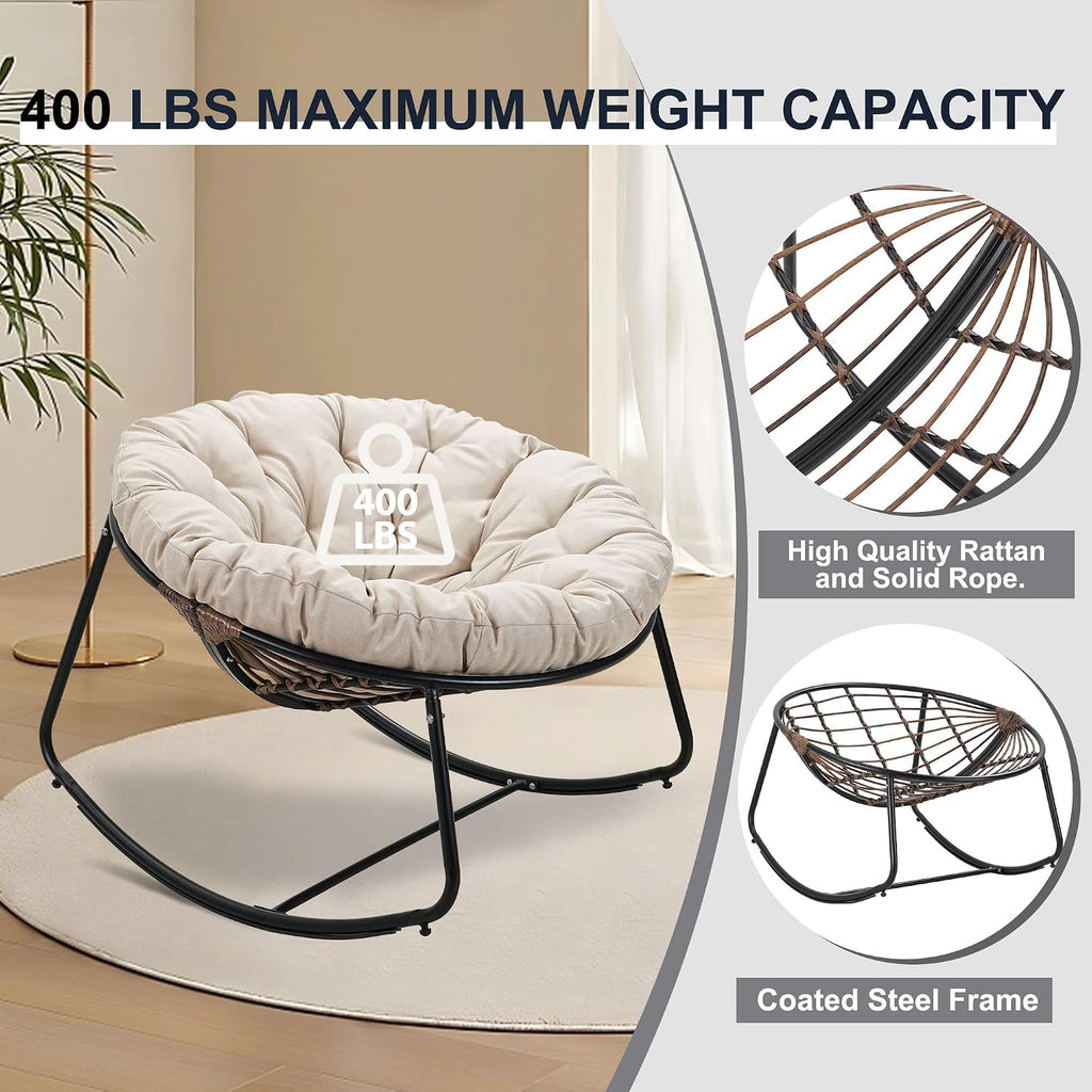 Outdoor Rocking Chair, Indoor & Outdoor Comfy Oversized Papasan Chair with Padded Cushion, Oversized Metal Frame Egg Chair for Living Room, Patio, Front Porch, Backyard