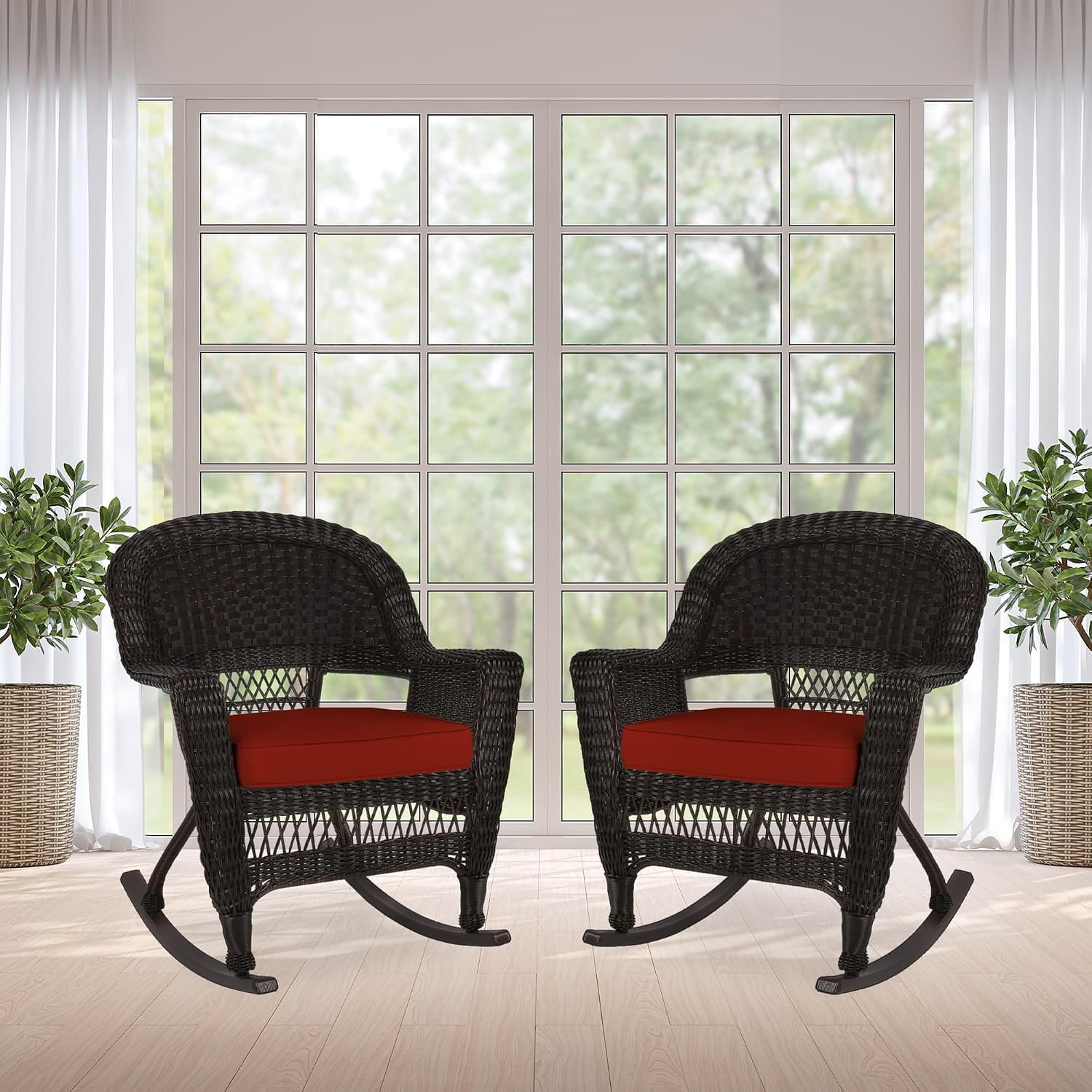 Jeco Rocker Wicker Chair with Red Cushion, Set of 2, Espresso