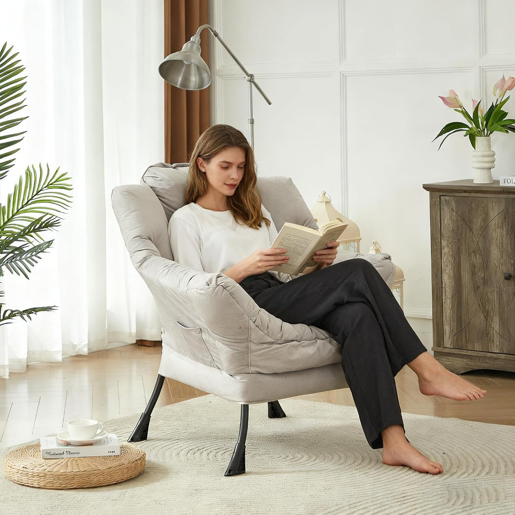 HollyHOME Lazy Chair with Armrest and Side Pocket, Comfy Accent Lounge Chair,Leisure Sofa Armchair for Living Room, Bedroom, Dorm, or Small Spaces, Oversized Reading Sofa Chair,Textured Grey