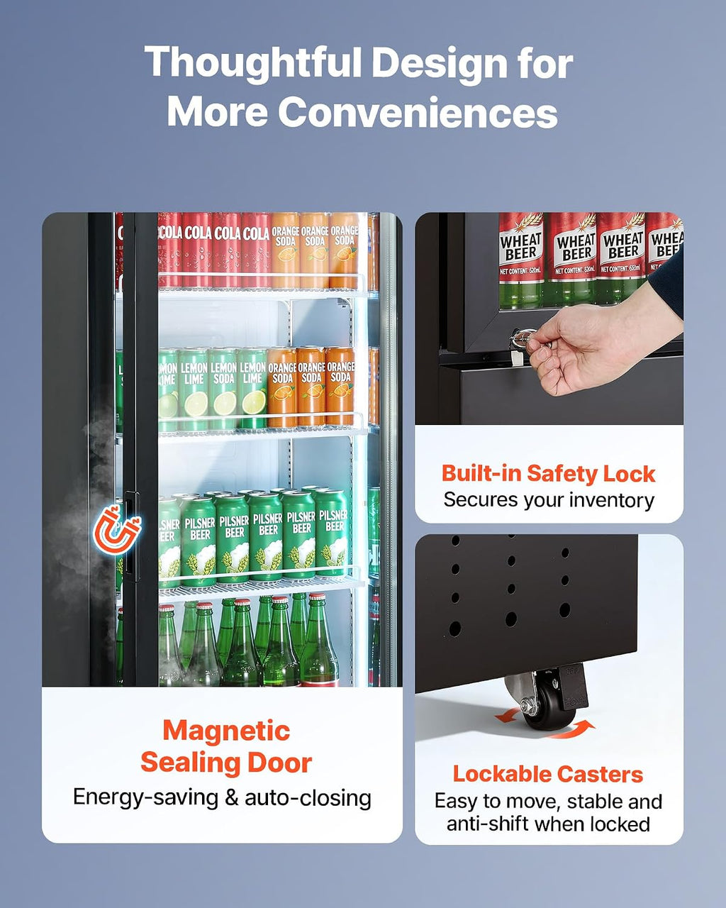 VEVOR Commercial Merchandiser Refrigerator, 12.7 Cu.Ft / 360 L Glass Door Display Refrigerator, Upright Beverage Cooler Fridge with 4 Adjustable Shelves, Soft LED Light & Casters for Homes Shops Bars