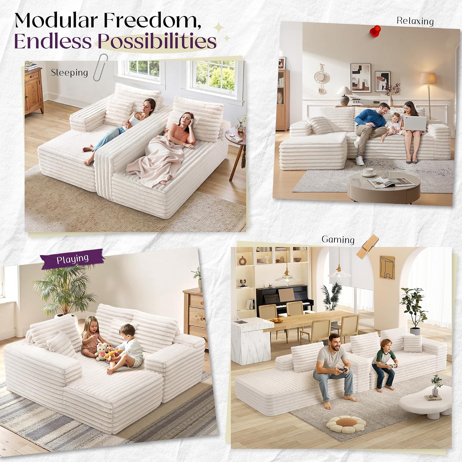 VanAcc 106' Oversized Modular Sectional Sofa, Deep Seat Cloud Couch with Corduroy Upholstery, L Shaped Boneless Sofas, Easy No-Assembly Lounge Couches for Living Room, Cream