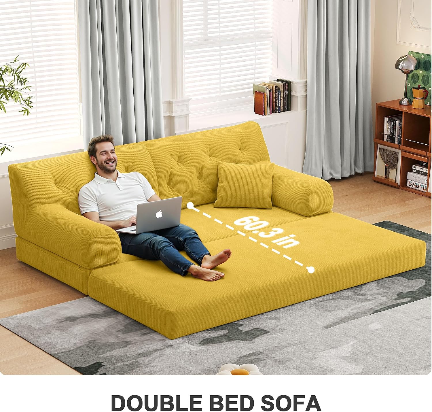 79' Convertible Sofa Bed with Pillows, Corduroy Folding Sleeper Sofa with Fixed-Shape Frame, Boneless Couch for Living Room Bedroom, Floor Sofa Lounge No Assembly Required (C - Style - Yellow)