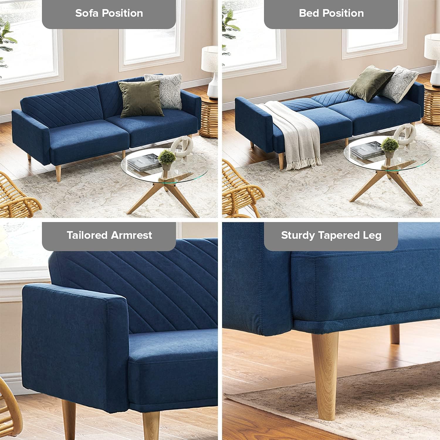 mopio 76.4' Futon Sofa Bed, Couch, Loveseat, Sleeper Sofa, Mid Century Modern Futon Couch, Sofa Cama, Couches for Living Room (Classic Blue Velvet)
