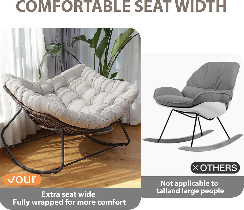 Outdoor Papasan Rocking Chair Oversized, Rattan Rocking Chair, Patio Wicker Egg Chair with Padded Cushion, Rocker Egg Chair for Living Room, Patio, Front Porch, Backyard