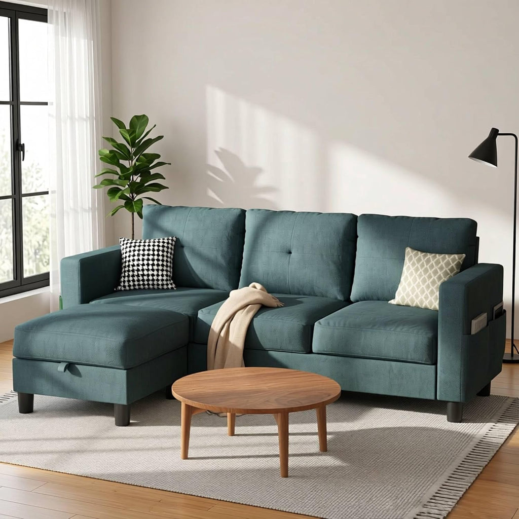 SUNLEI Convertible L-Shaped Sectional Couches for Living Room, Space-Saving 3-Seat Couch for Small Apartments & Living Rooms, Linen Fabric, Grey | L-Shaped