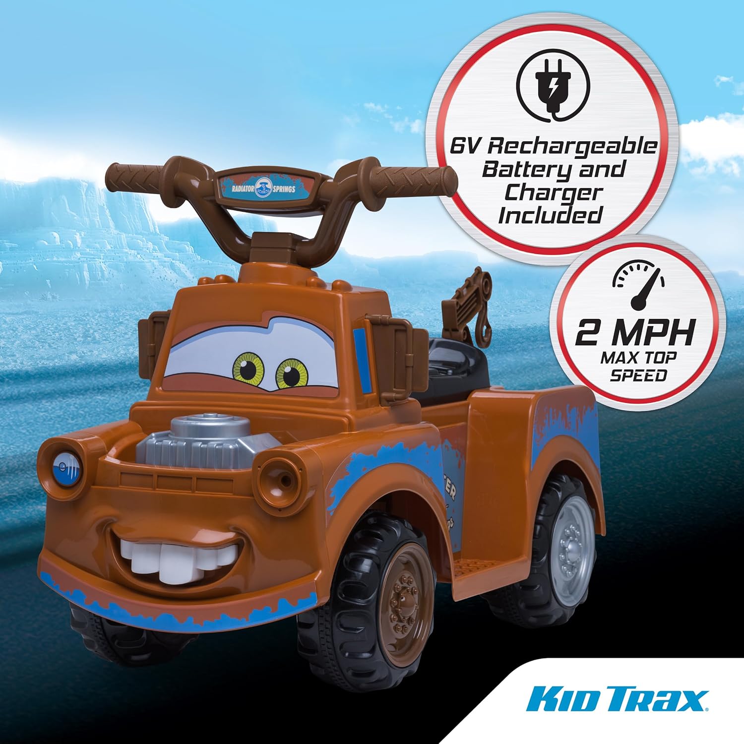 Kid Trax Toddler Disney Cars 3 Tow-Mater Electric Quad Ride-On, Kids 1.5-3 Years Old, 6 Volt Battery and Charger Included, Max Weight 45 lbs, Tow-Mater brown