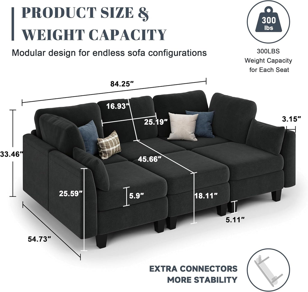 Sectional Sleeper Sofa, 6 Seaters Modular Sleeper Sofa Couch, Comfy Sectionals Couches Bed, Convertible Sofas with Ottomans, Modular Sectional Couches for Living Room, Black