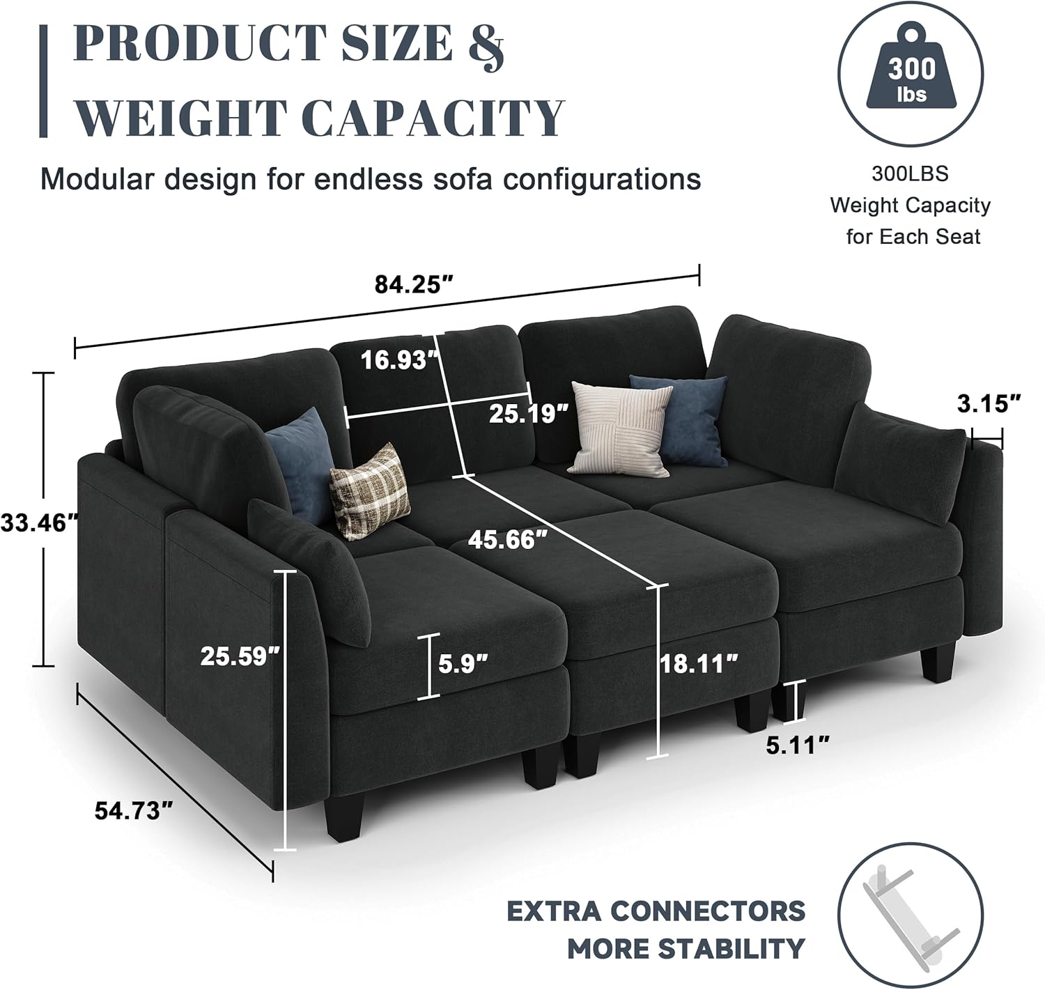 Sectional Sleeper Sofa, 6 Seaters Modular Sleeper Sofa Couch, Comfy Sectionals Couches Bed, Convertible Sofas with Ottomans, Modular Sectional Couches for Living Room, Black